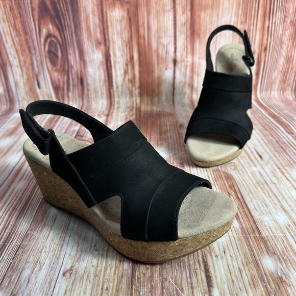 Clarks Shoes - Clarks ANNADEL IVORY Size 8 Black Suede Cork Wedge Heel Sandals Open Toe Shoes